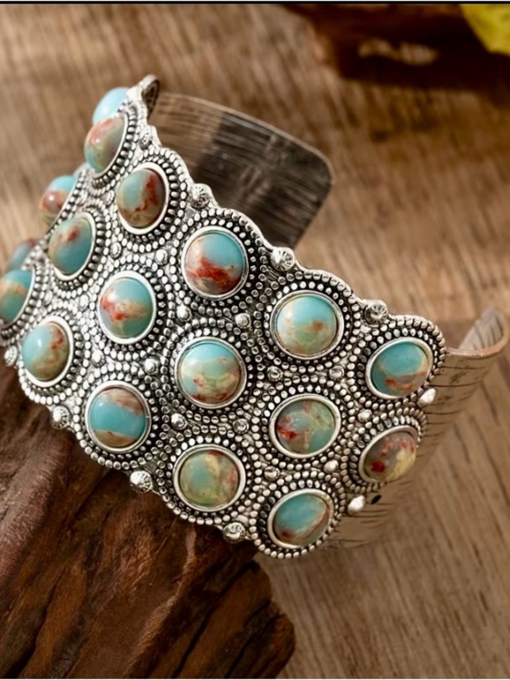 Turquoise Stone Silver-Tone Cuff Bracelet - Women Jewelry - Picture 2 of 5